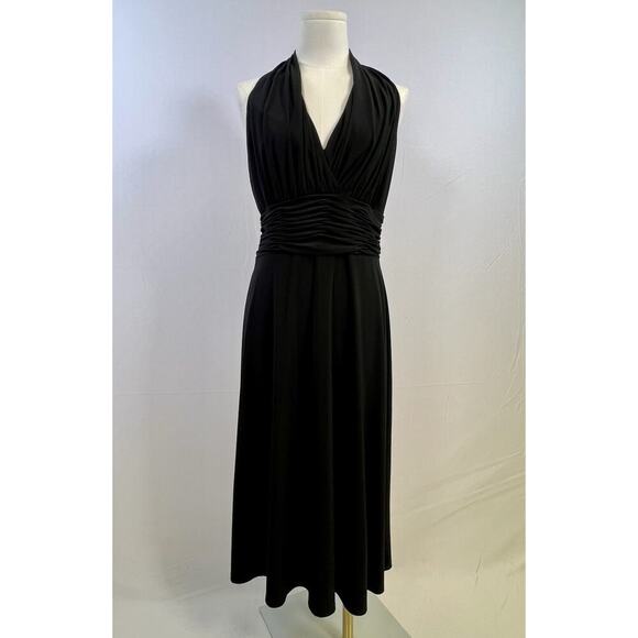VTG Evan Picone Black Sleeveless V Neck Halter Empire Midi Dress 10 Cocktail - Picture 1 of 10